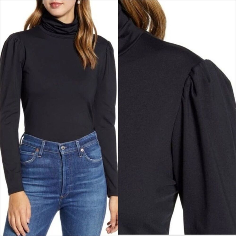 Rachel Parcell Puff Shoulder Turtleneck Top Size Small Black